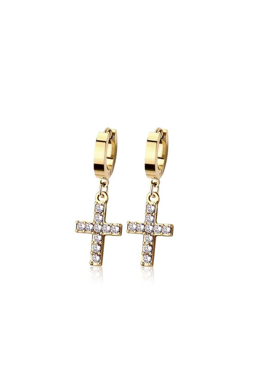 PAIR OF STAINLESS STEEL HUGGIE/HOOP CROSS DANGLE EARRINGS